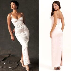 HOCB Dress Stefania Corset Maxi Satin Prom Date Soft Peach M FLAW